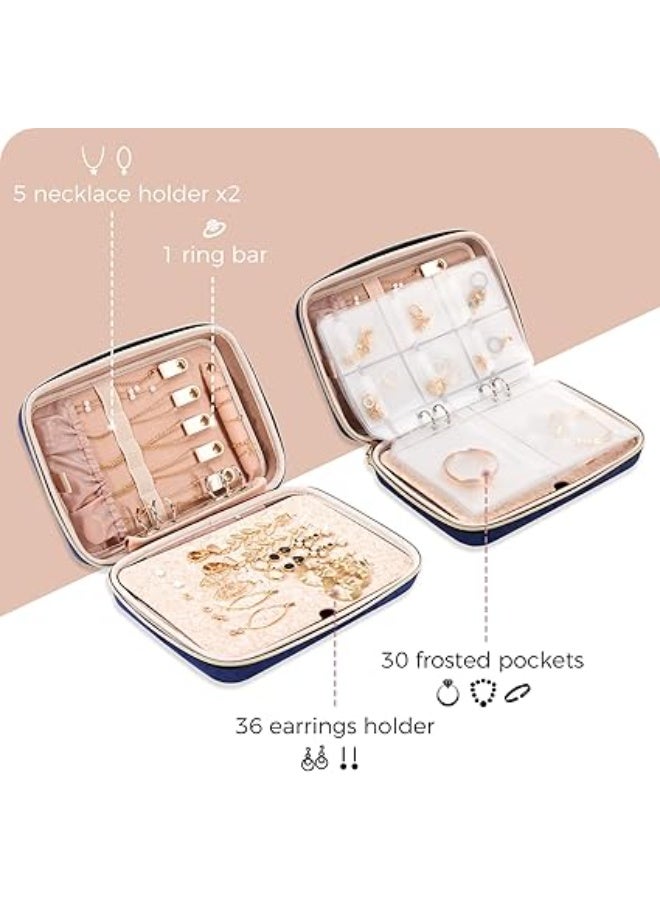 بروكاس بروكيس حافظة تنظيم مجوهرات كبيرة للسفر، لتخزين المجوهرات في المنزل مع جيوب شفافة للتقديم، حقيبة جيب بسحاب للاقراط والقلائد والاساور - كحلي - Image 2